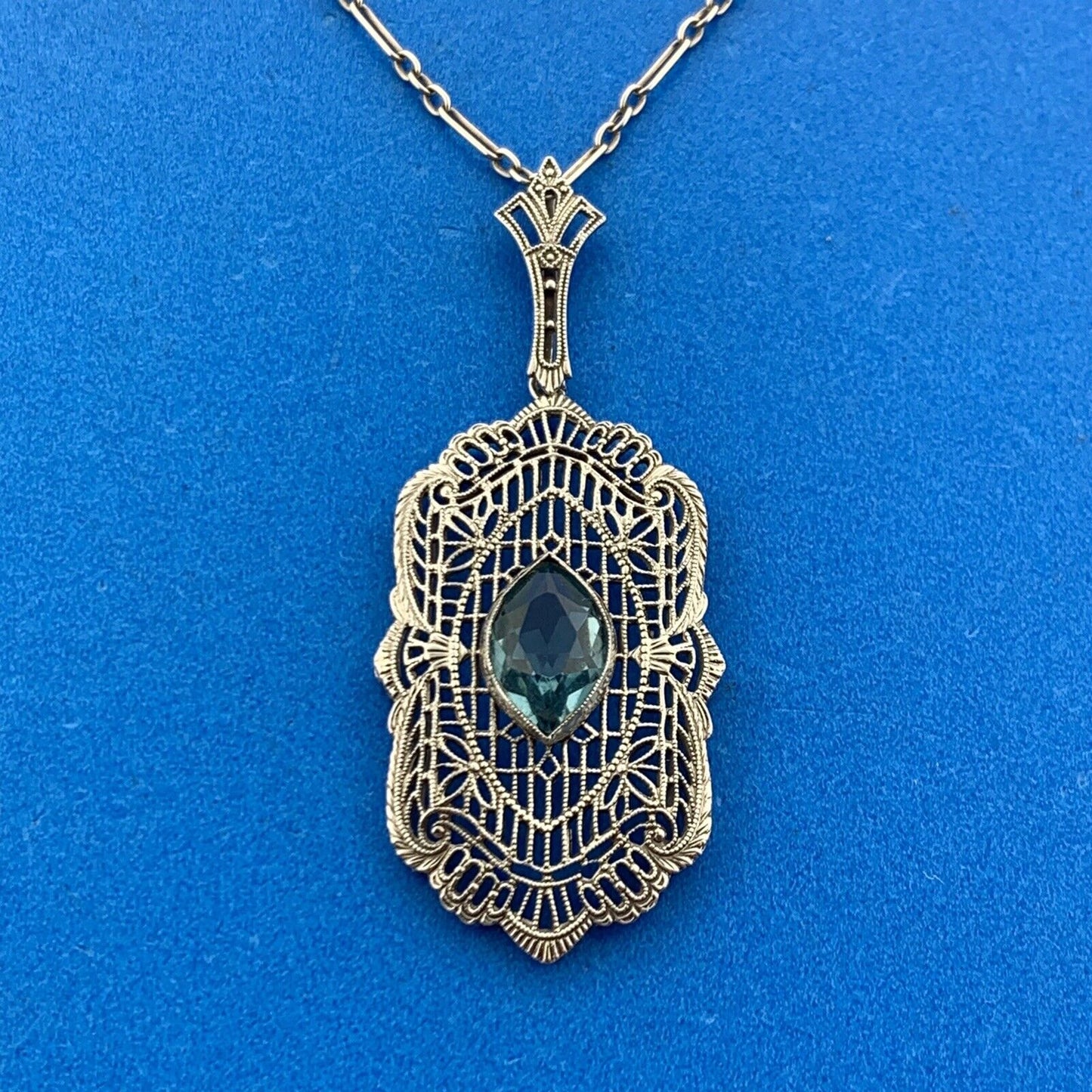 Art Deco 10K 14K White Gold Marquise Art Glass Open Filigree Statement Necklace