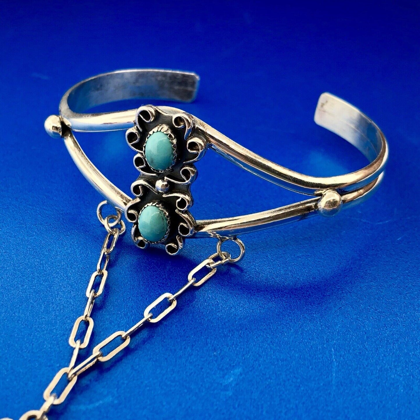 Native American Artisan CM Sterling Silver 925 Turquoise Slave Cuff Bracelet