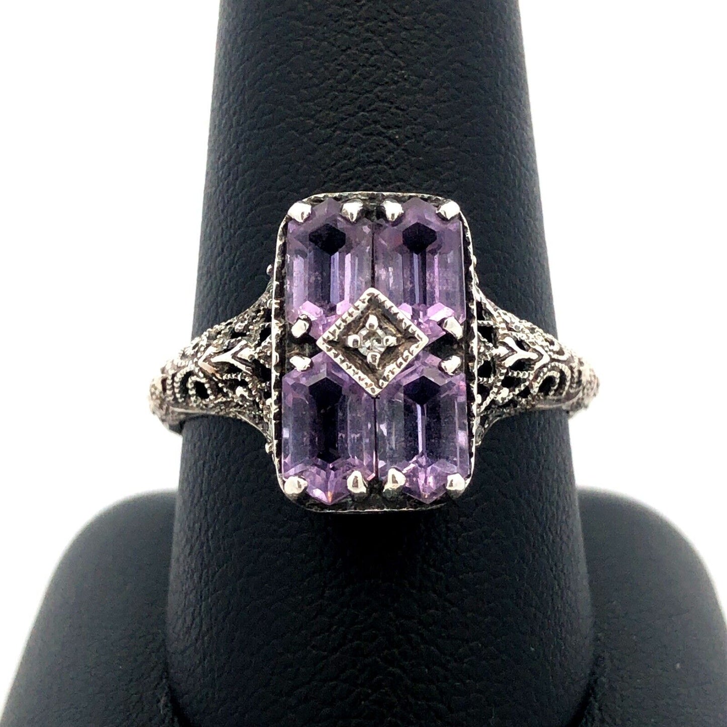 Designer CNA 925 Sterling Silver Amethyst Diamond Filigree Detail Rectangle Ring