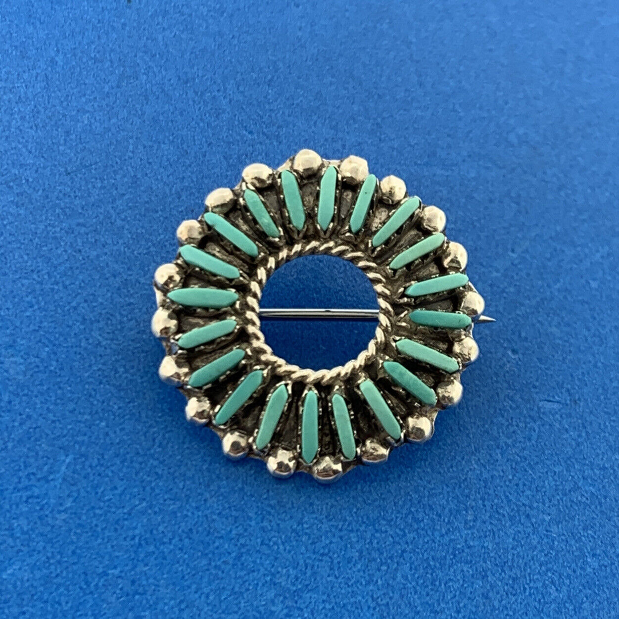 Vintage Native American 925 Sterling Silver Turquoise Petit Point Pendant Brooch