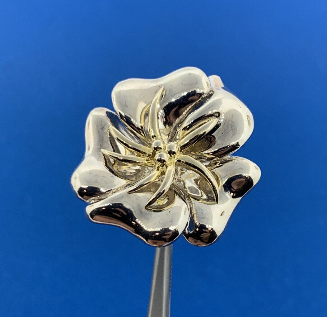 Designer China Sterling Silver 10K Gold Accent Flower Hibiscus Plumeria Ring