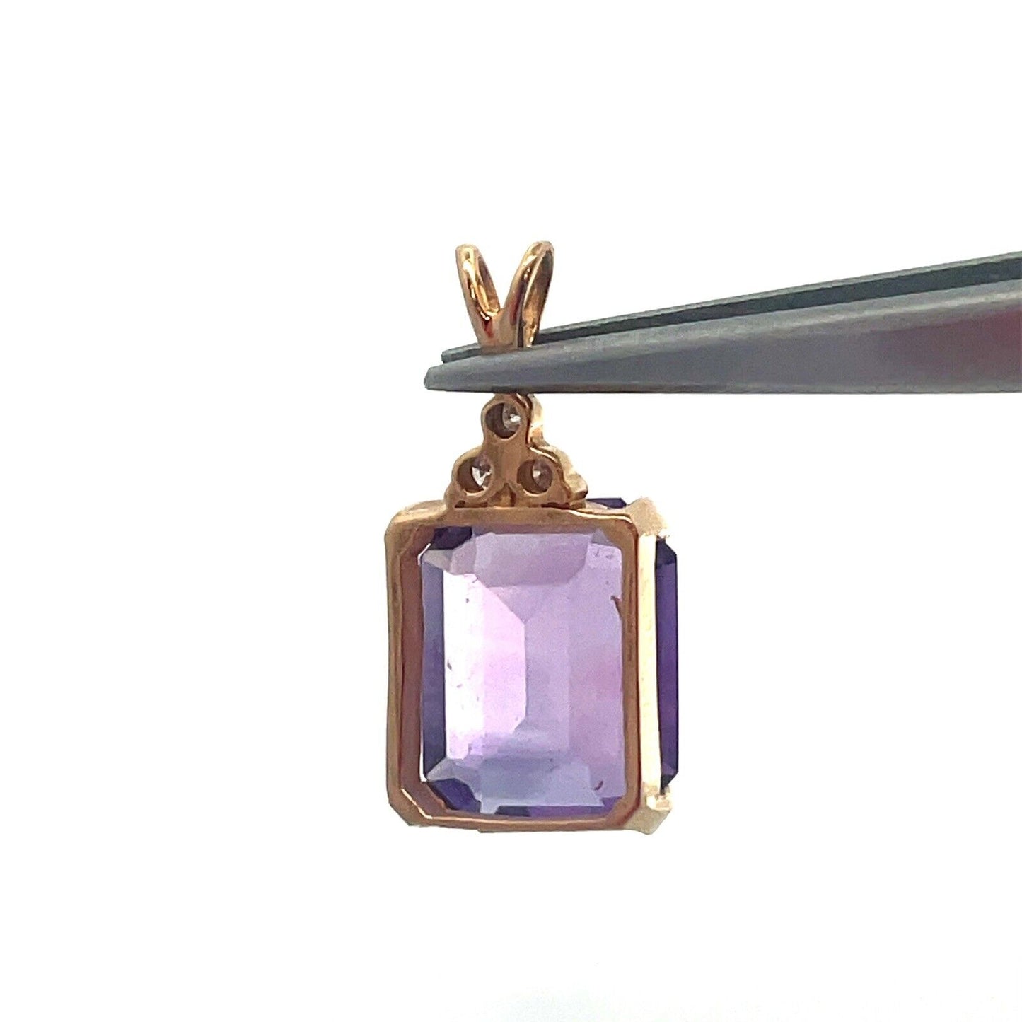 Vintage Designer 14K Yellow Gold Emerald Cut Amethyst Diamond Accent Pendant