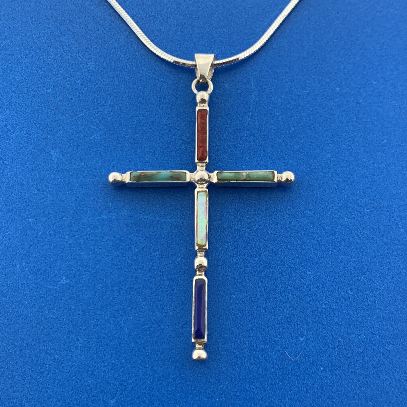 Lovely Sterling Silver 925 Multi-Stone Religious Faith Cross 20" Chain Necklace