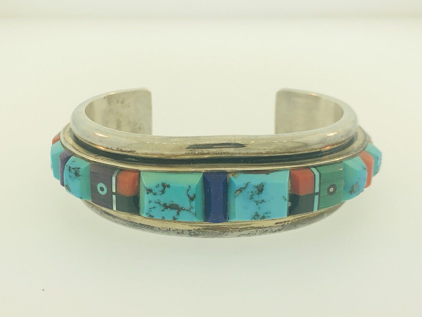 Native American 925 Sterling Silver Turquoise Multi Gem Cuff Bracelet Ronnie