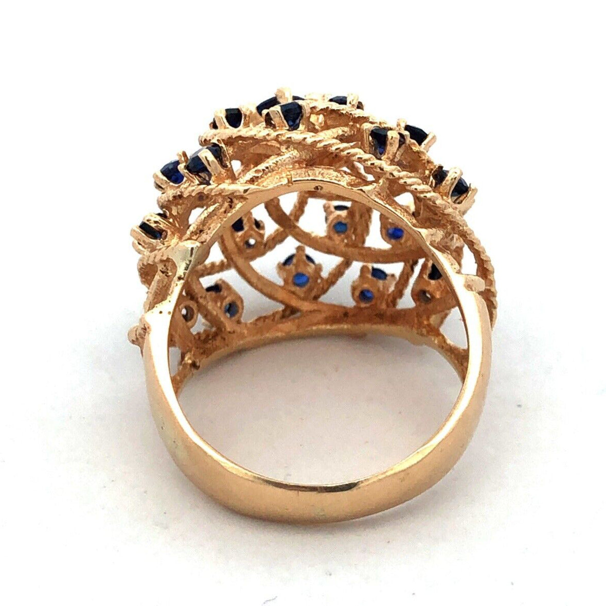 Estate 18K Yellow Gold Blue Sapphire Open Work Harem Cocktail Statement Ring