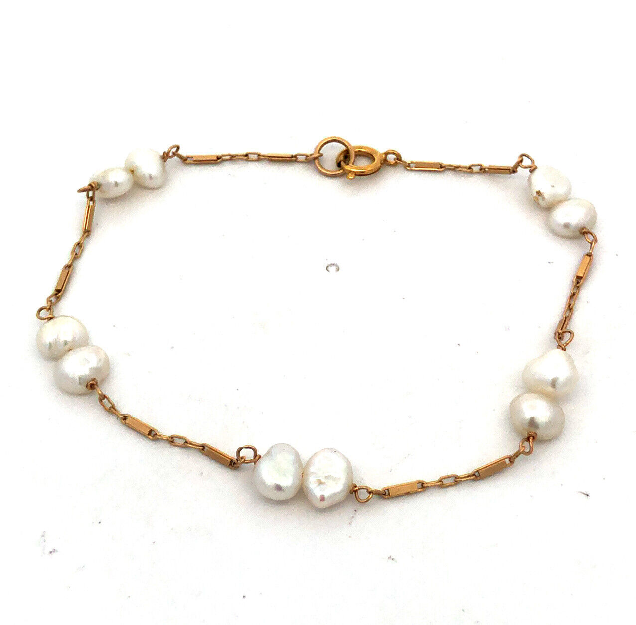 Estate 14K Yellow Gold White Pearl Beaded Station Bar Link Chain Bracelet