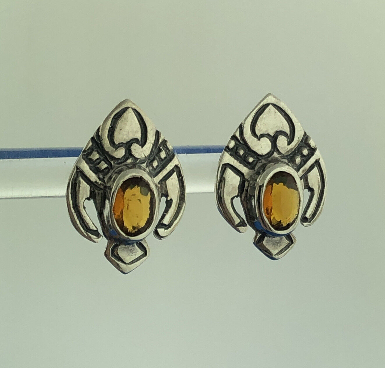 Vintage Sterling Silver 925 Oval Gold Quartz Concho Phoenix Design Earrings