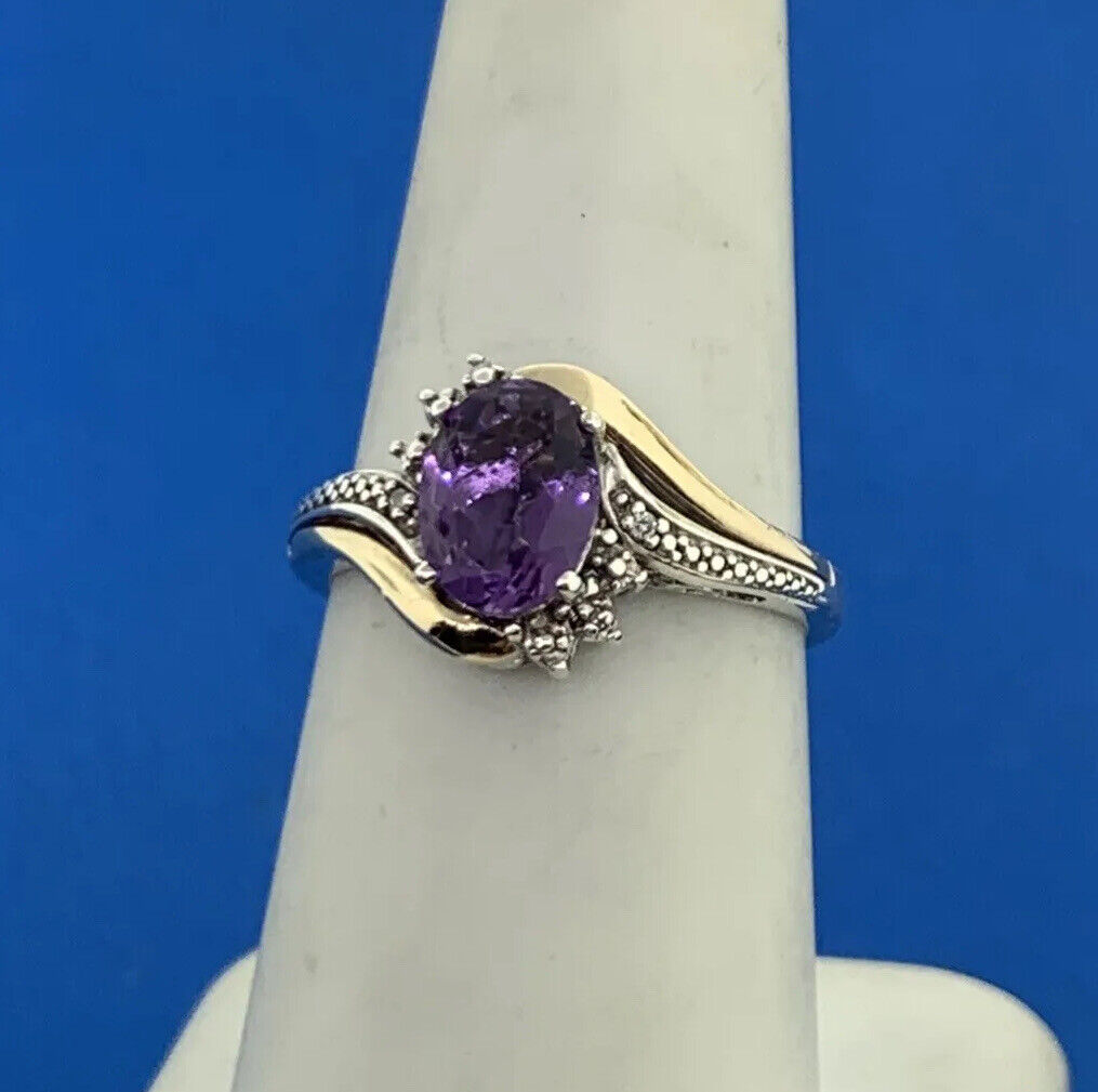 Designer 925 Sterling Silver 10K Gold Two Tone Amethyst Diamond Ring