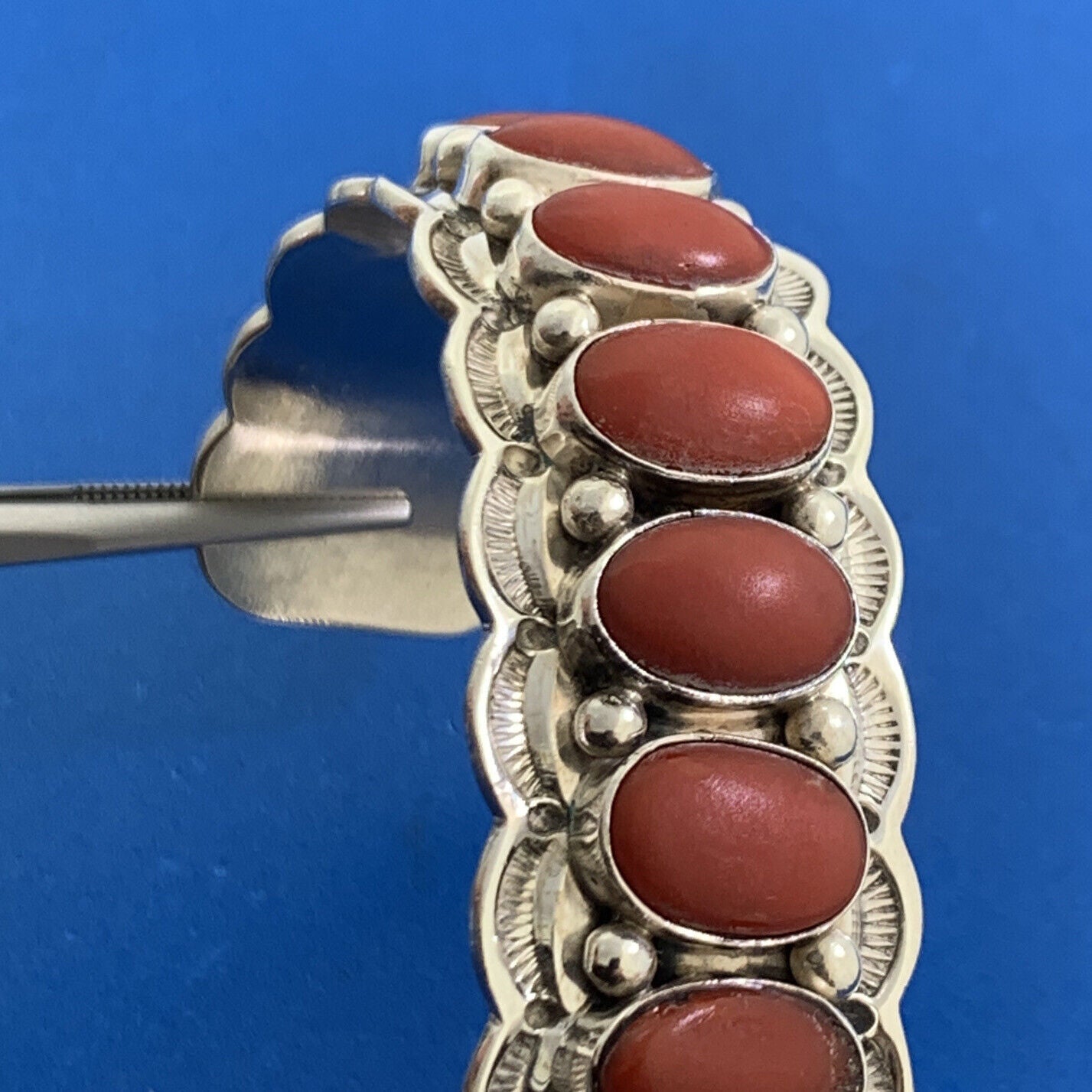 Aaron Toadlena Native American 925 Sterling Silver Coral Statement Cuff Bracelet