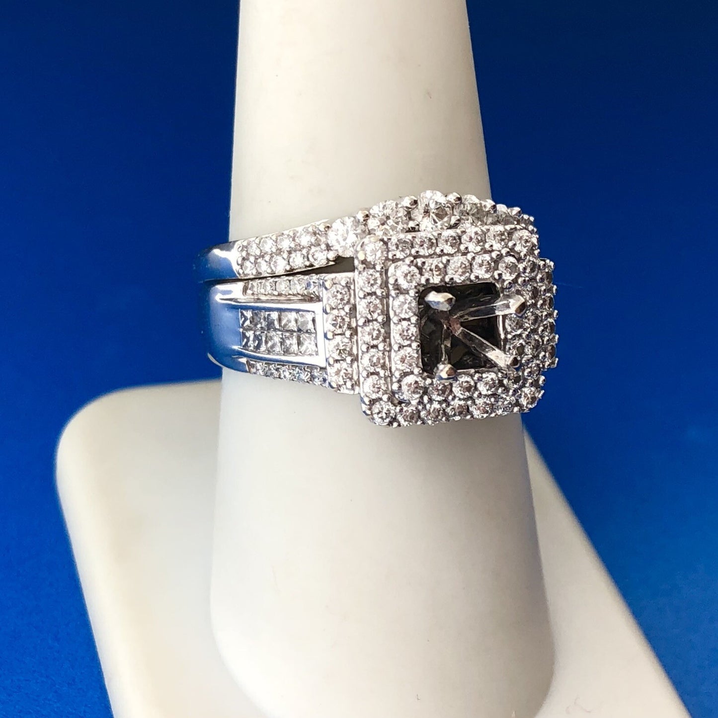 14K White Gold Diamond Triple Halo Mounting Diamond Wave Band 2 Pc Bridal Set