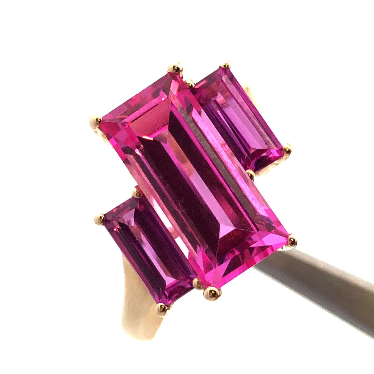 Designer 10K Yellow Gold Rectangle Pink Topaz Trio Modernist Statement Ring