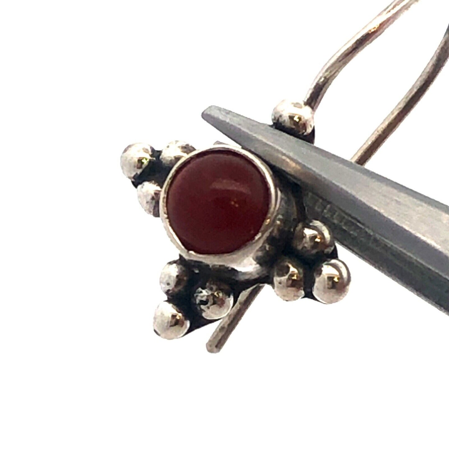 Estate 925 Sterling Silver Carnelian Cabochon Beaded Drop Dangle Hook Earrings