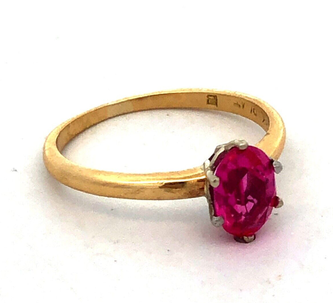 Estate 18K Yellow Gold Oval Pink Ruby Solitaire July Birthstone Anniversary Ring