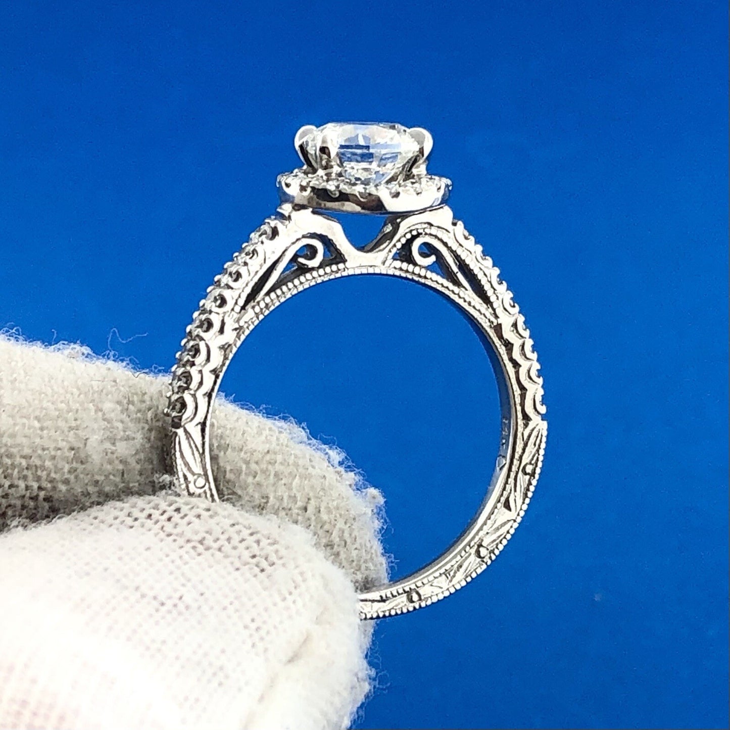 Designer 14K White Gold Round Diamond Solitaire W Halo Accents 2 Ring Bridal Set