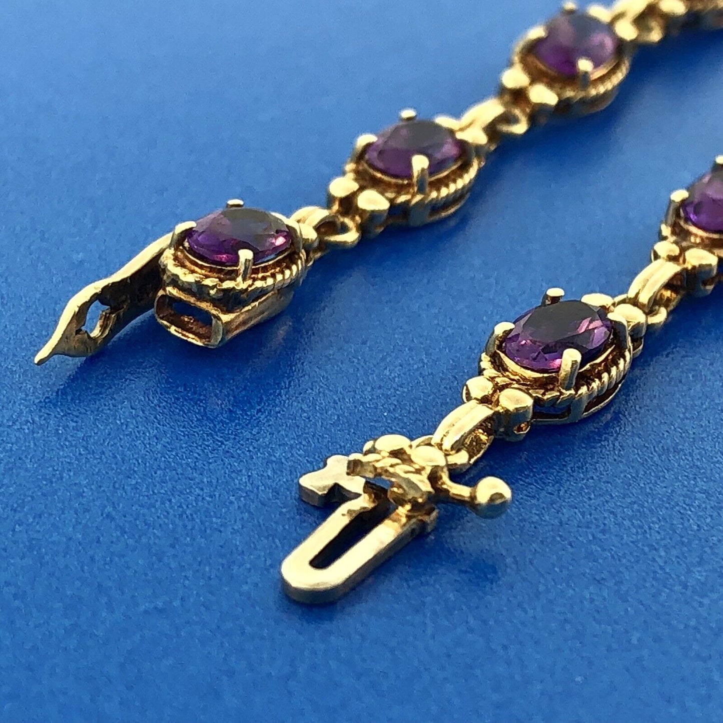 Vintage 10K Yellow Gold Oval Amethyst Panel February Anniversary Tennis Bracelet