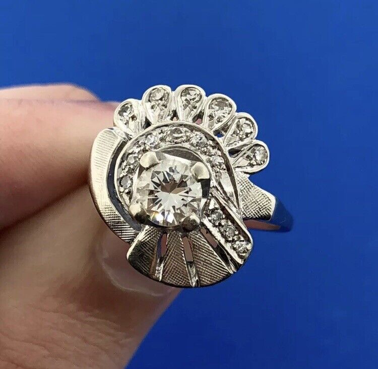 Art Deco 14K White Gold Diamond Solitaire Accents Free Form Engagement Ring