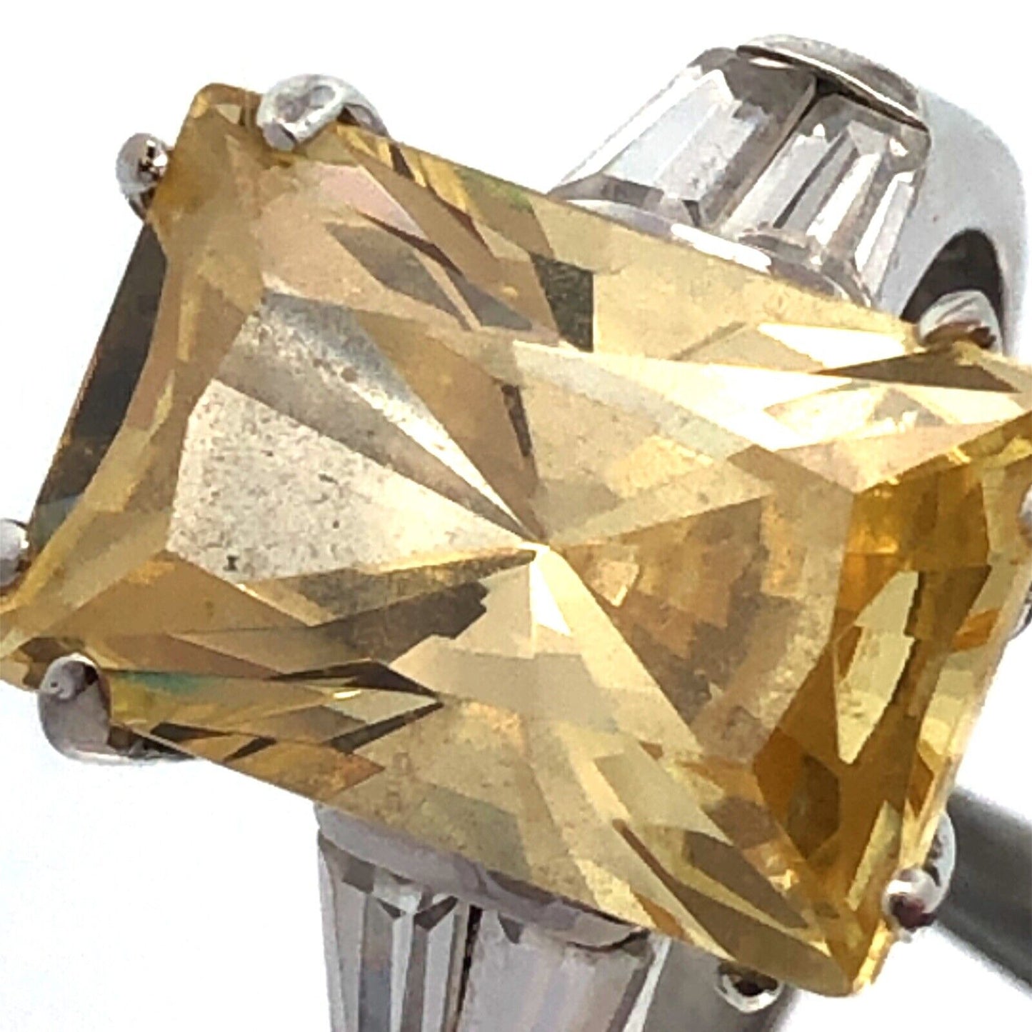 Designer CWE 925 Sterling Silver Radiant Emerald Lemon Quartz CZ Accent Ring