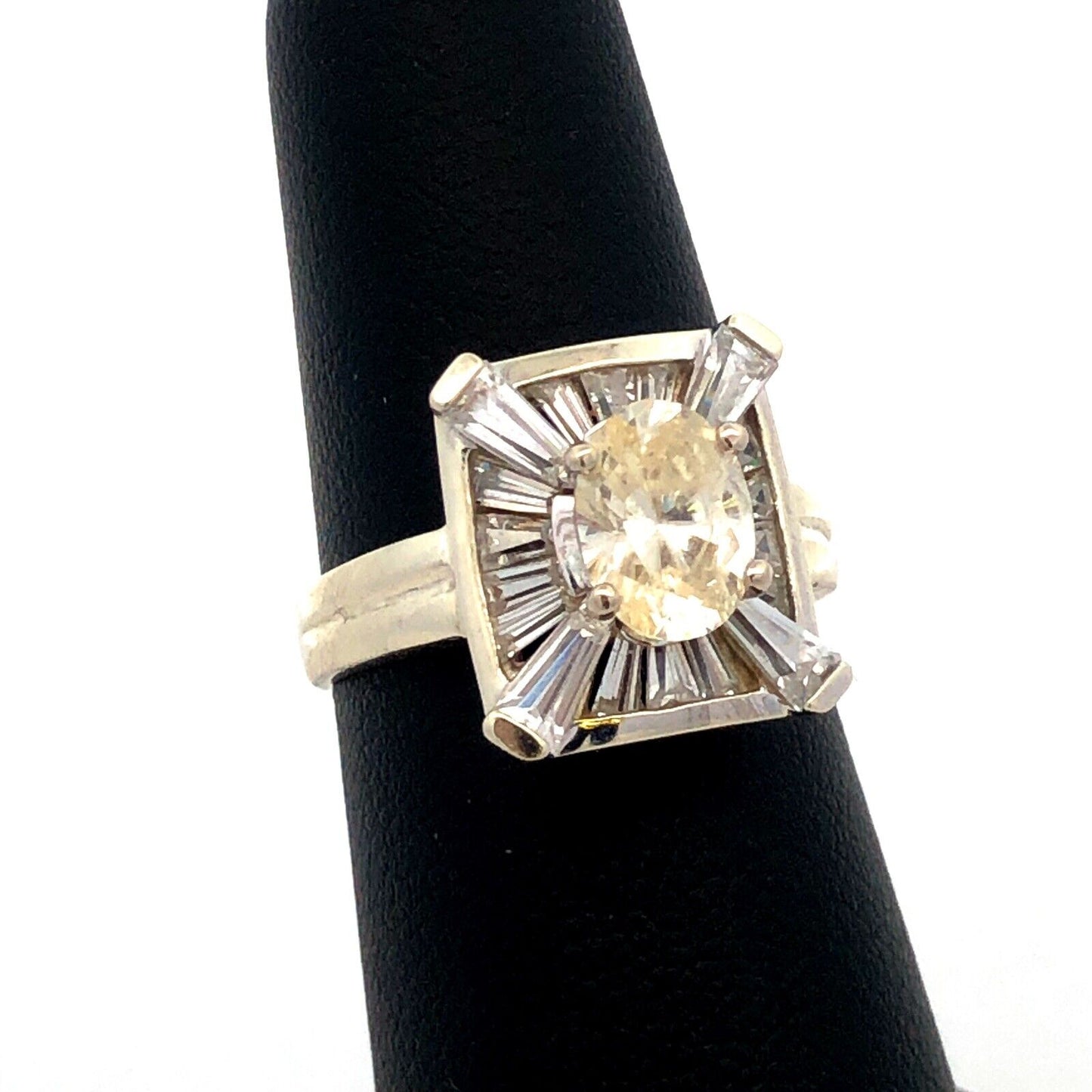 Designer PI 14K White Gold Oval Cubic Zirconia CZ Rectangle Engagement Ring