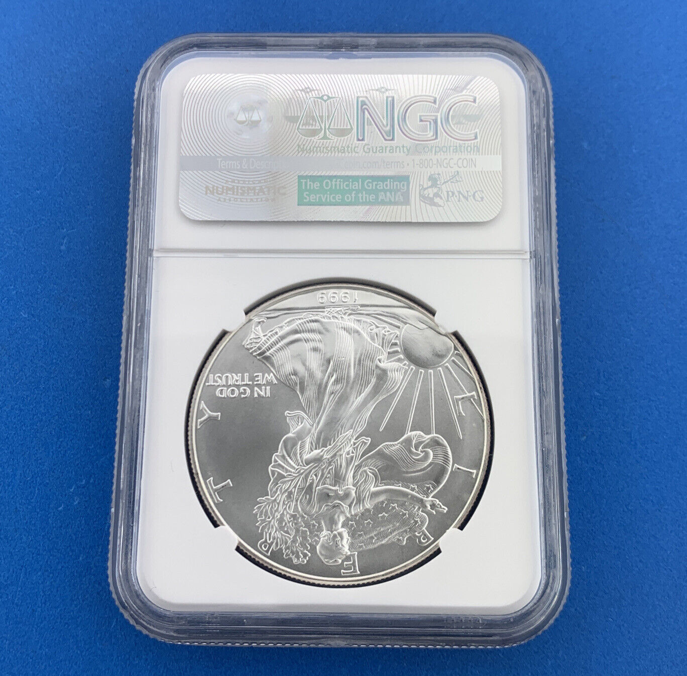 1999 $1 American .999 Silver Eagle Reverse Struck Thru Mint Error NGC MS69 Coin