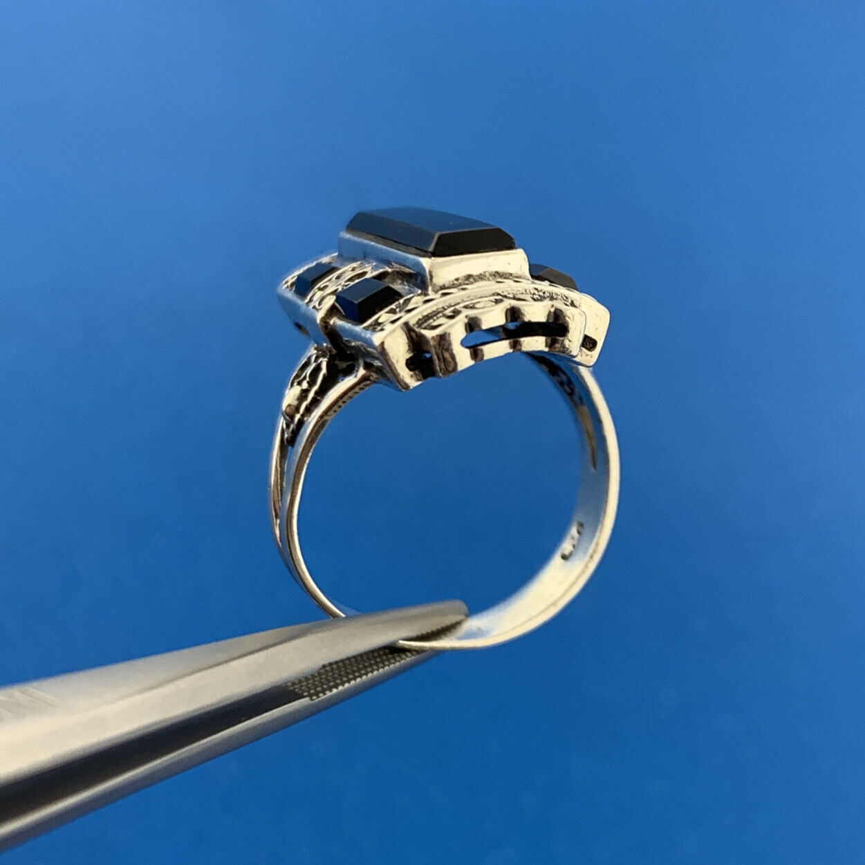 Estate 925 Sterling Silver Black Onyx Marcasite Heart Openwork Statement Ring