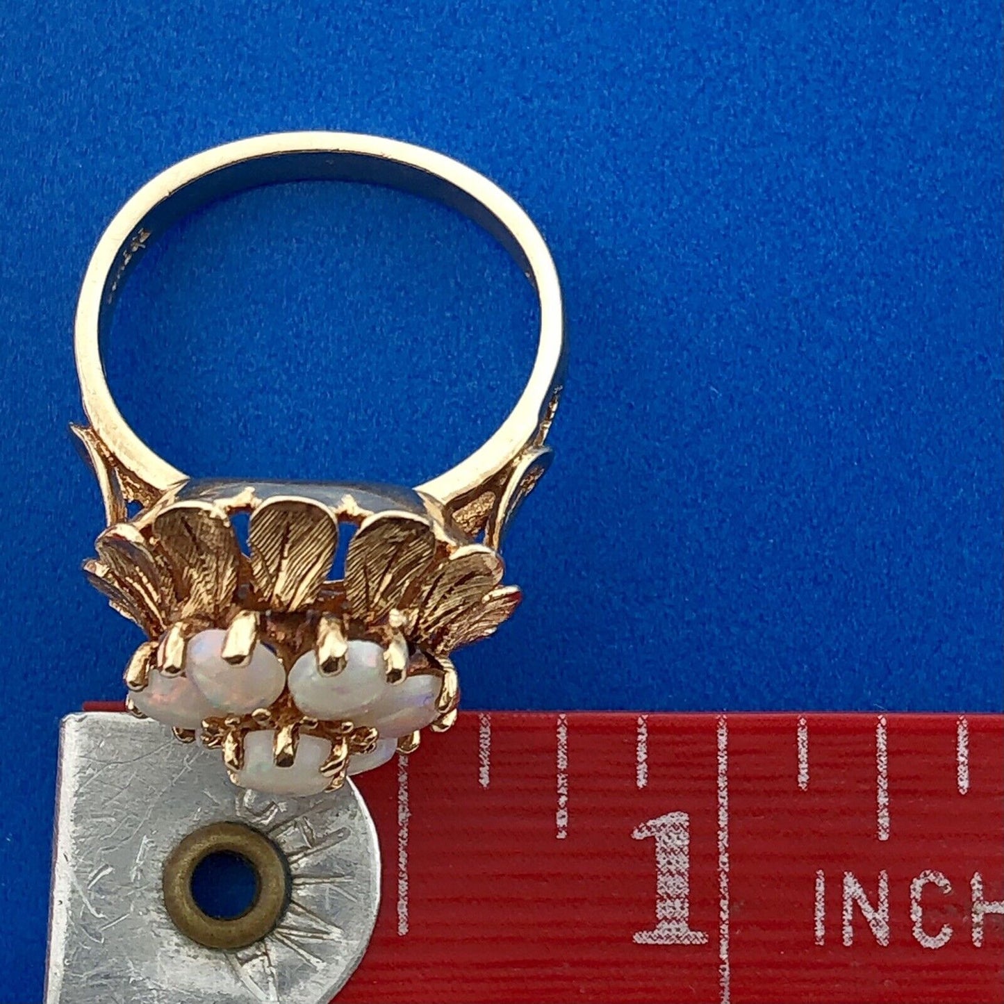 Vintage ESEMCO 14K Yellow Gold Opal Floral Cluster October Anniversary Ring