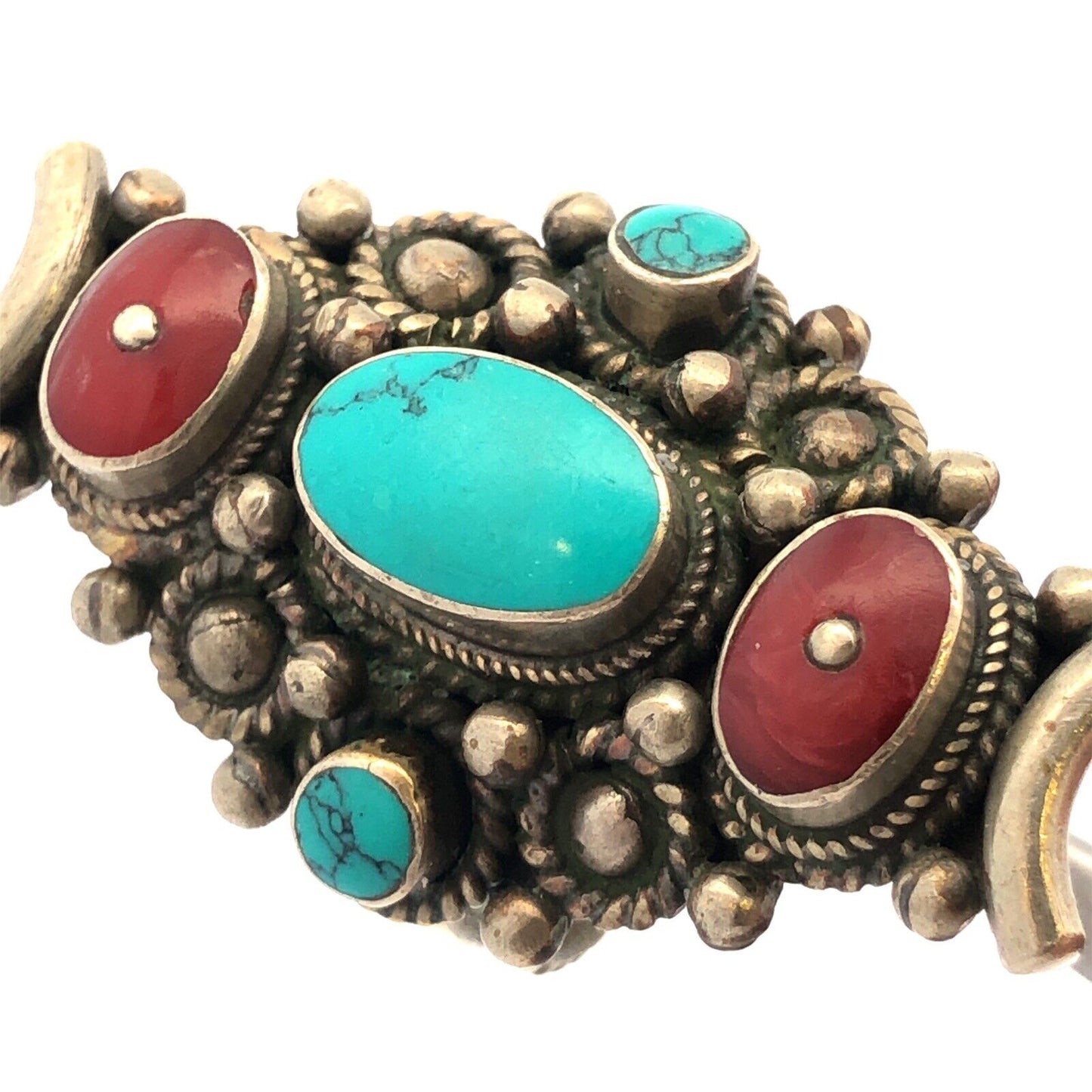 Native American Silver Plate Oval Turquoise Red Coral Detailed Statement Ring