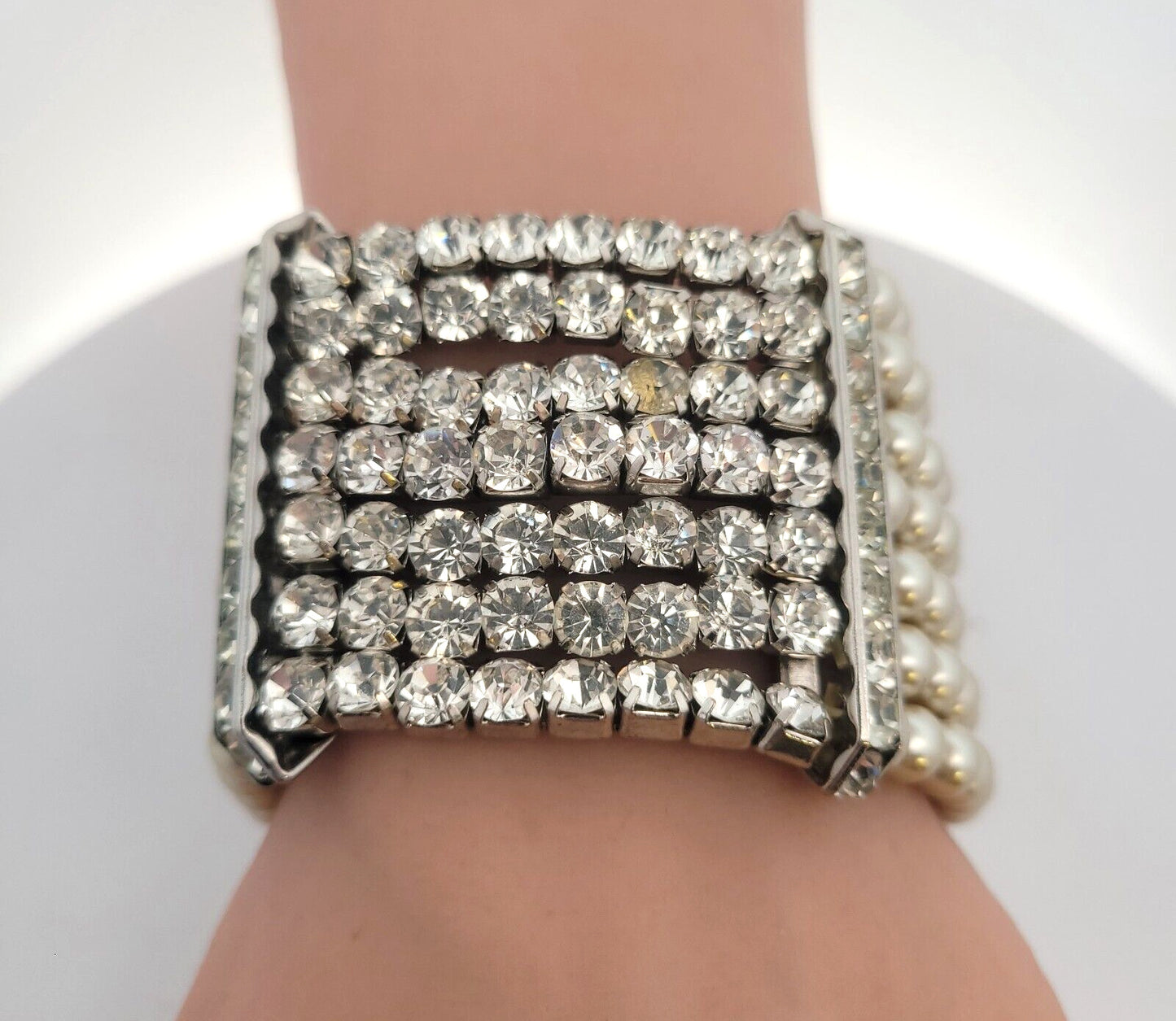 Vintage Runway Couture Silver Tone Faux Pearl Rhinestone Statement Cuff Bracelet