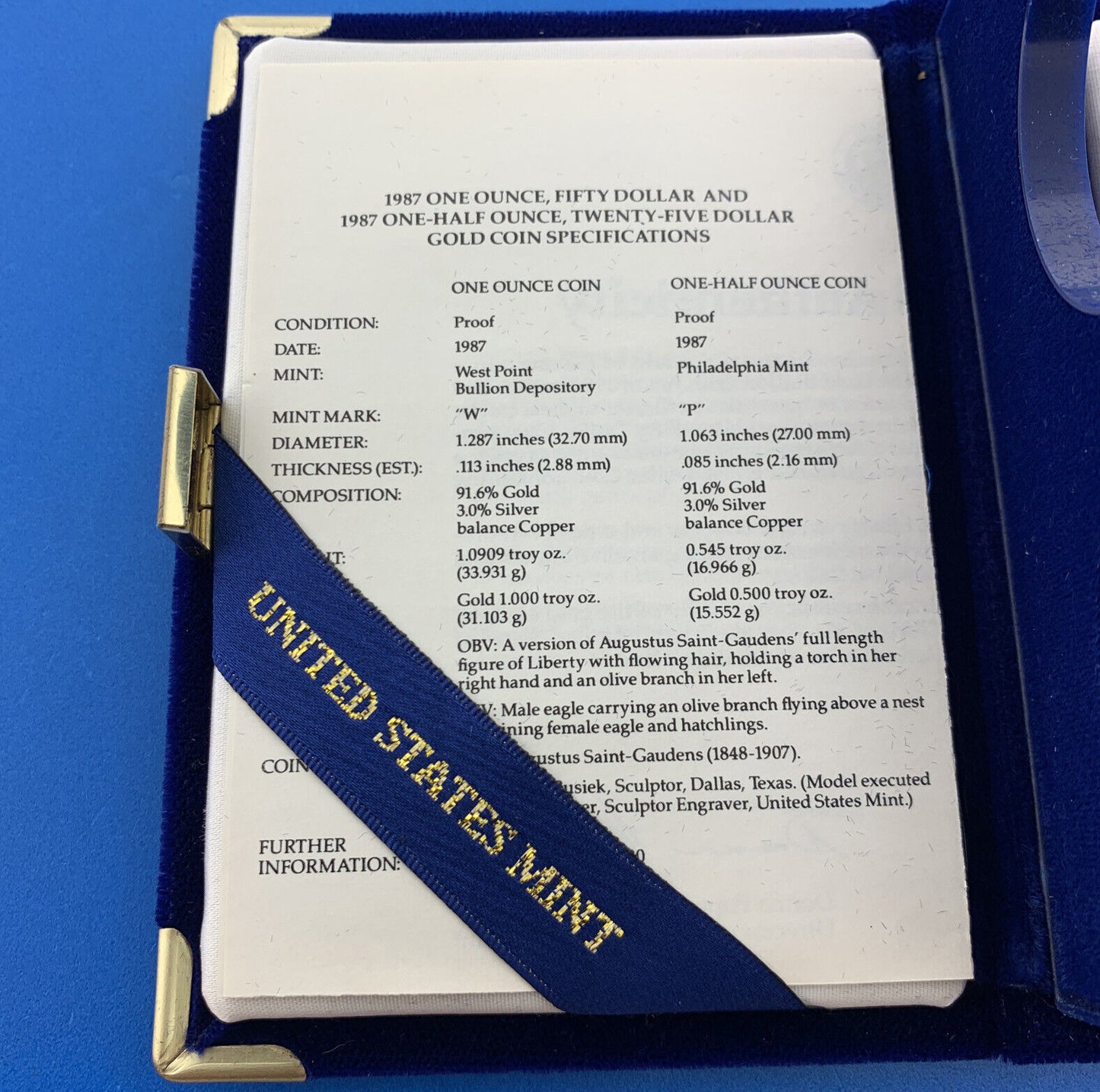 1987 Proof Gold 1 Oz & 1/2 Oz Inner Velvet Original Mint Box W/COA No Coins