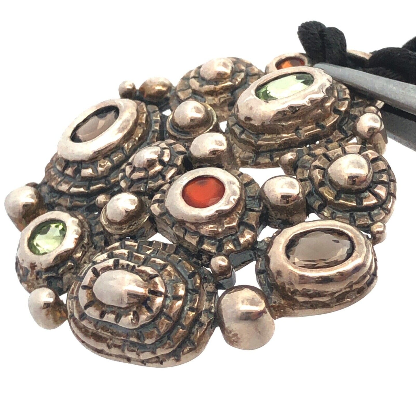 Vintage J 925 Sterling Silver Multi Gemstone Textured Pendant Silk Necklace