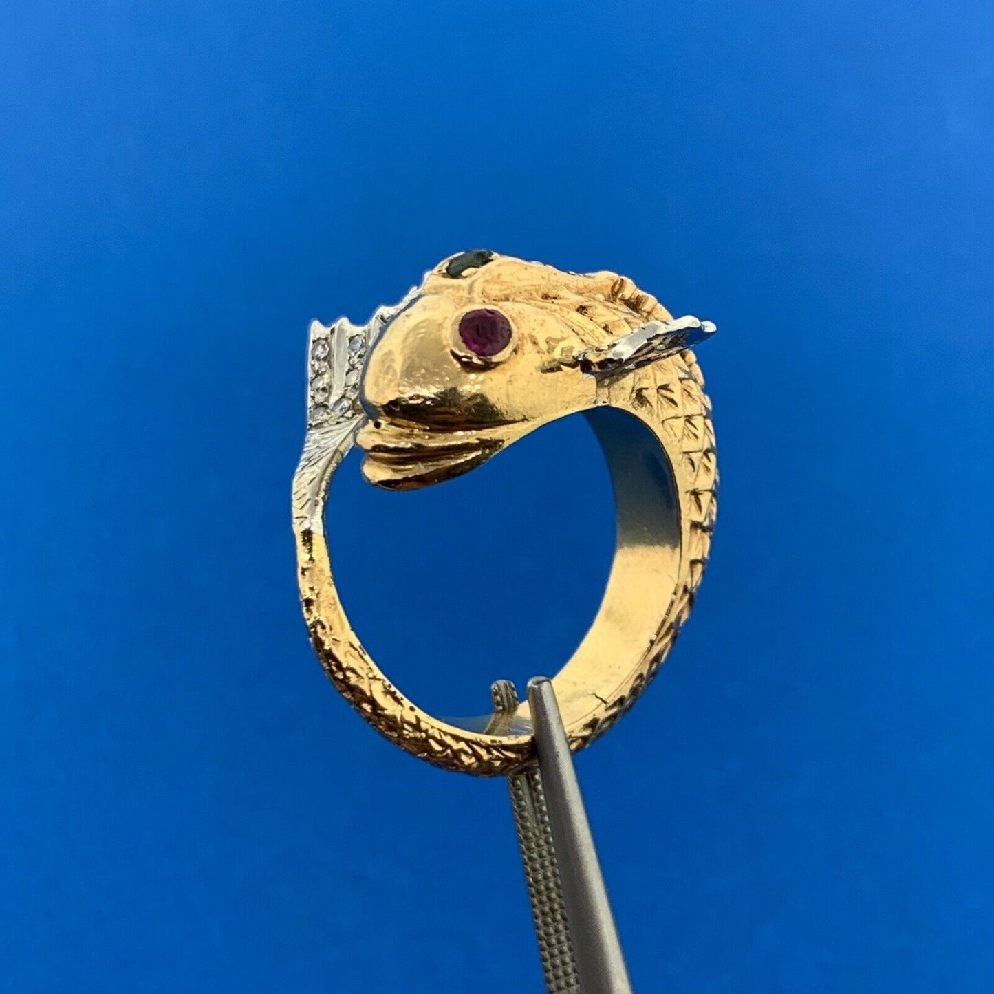 Retro 18K Yellow Wht Gold Diamond Ruby Emerald Textured Koi Fish Statement Ring