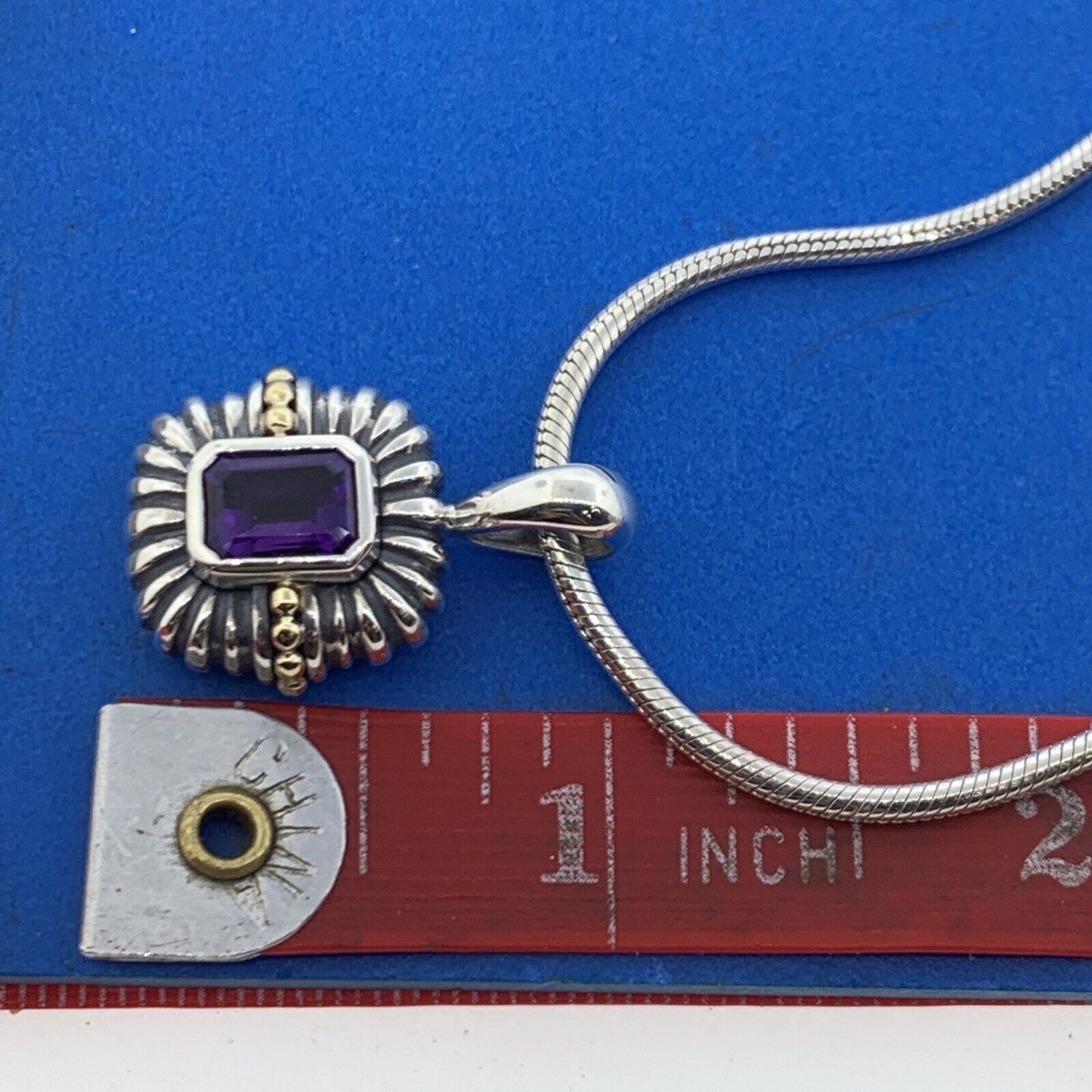 Stunning Sterling Silver 925 18k Trim Purple Amethyst Pendant 16" Chain Necklace