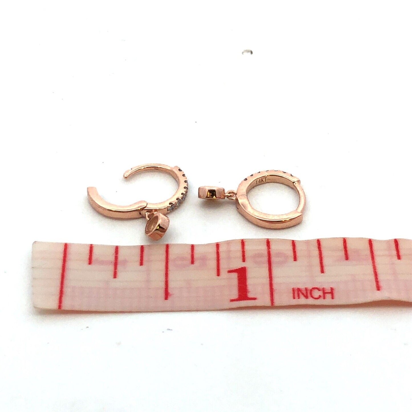 14KT Rose Gold Round Diamond Tiny Hinged Huggie Hoop Dangle Earrings