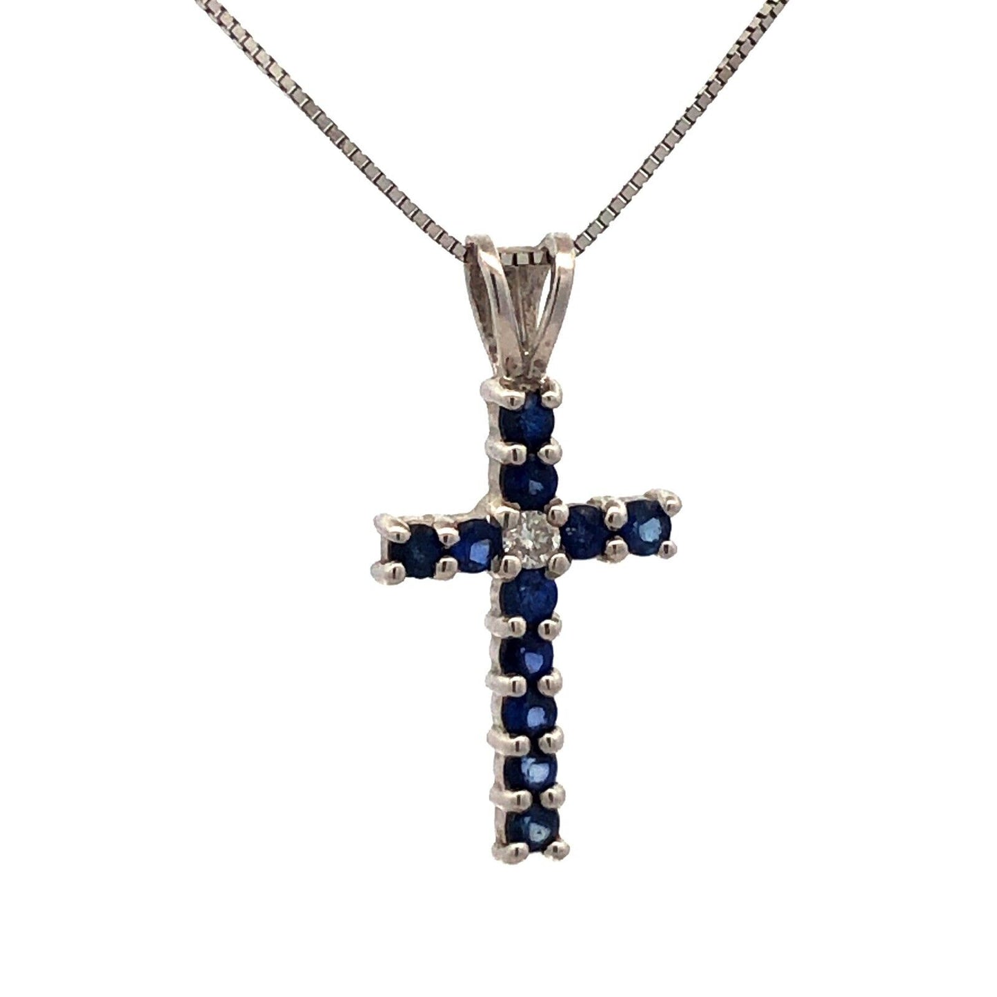 Designer 14K White Gold Blue Sapphire Diamond Pave Cross Pendant Necklace