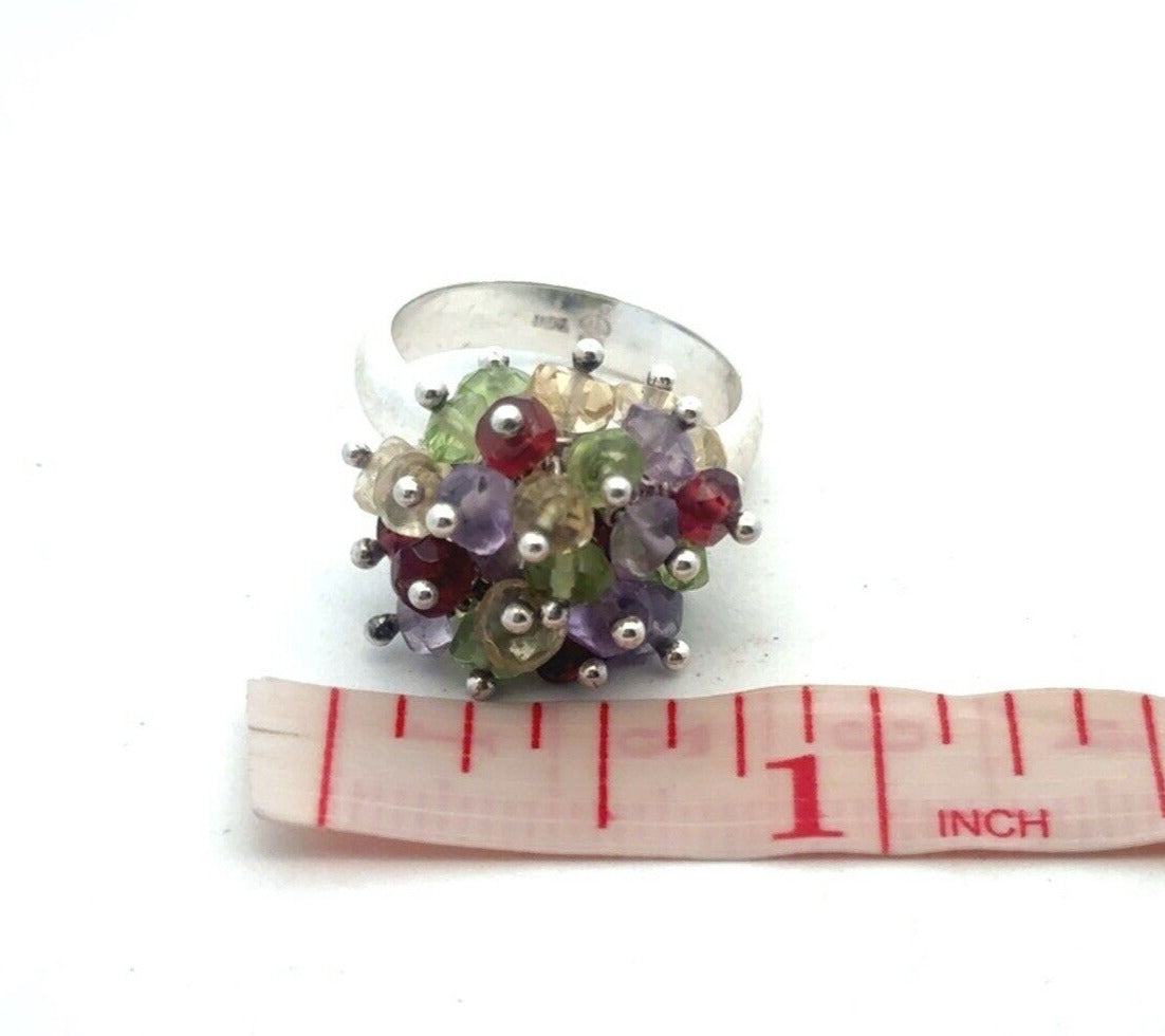 Designer 925 Sterling Silver Beaded Multi-Gemstone Cluster Dome Ring