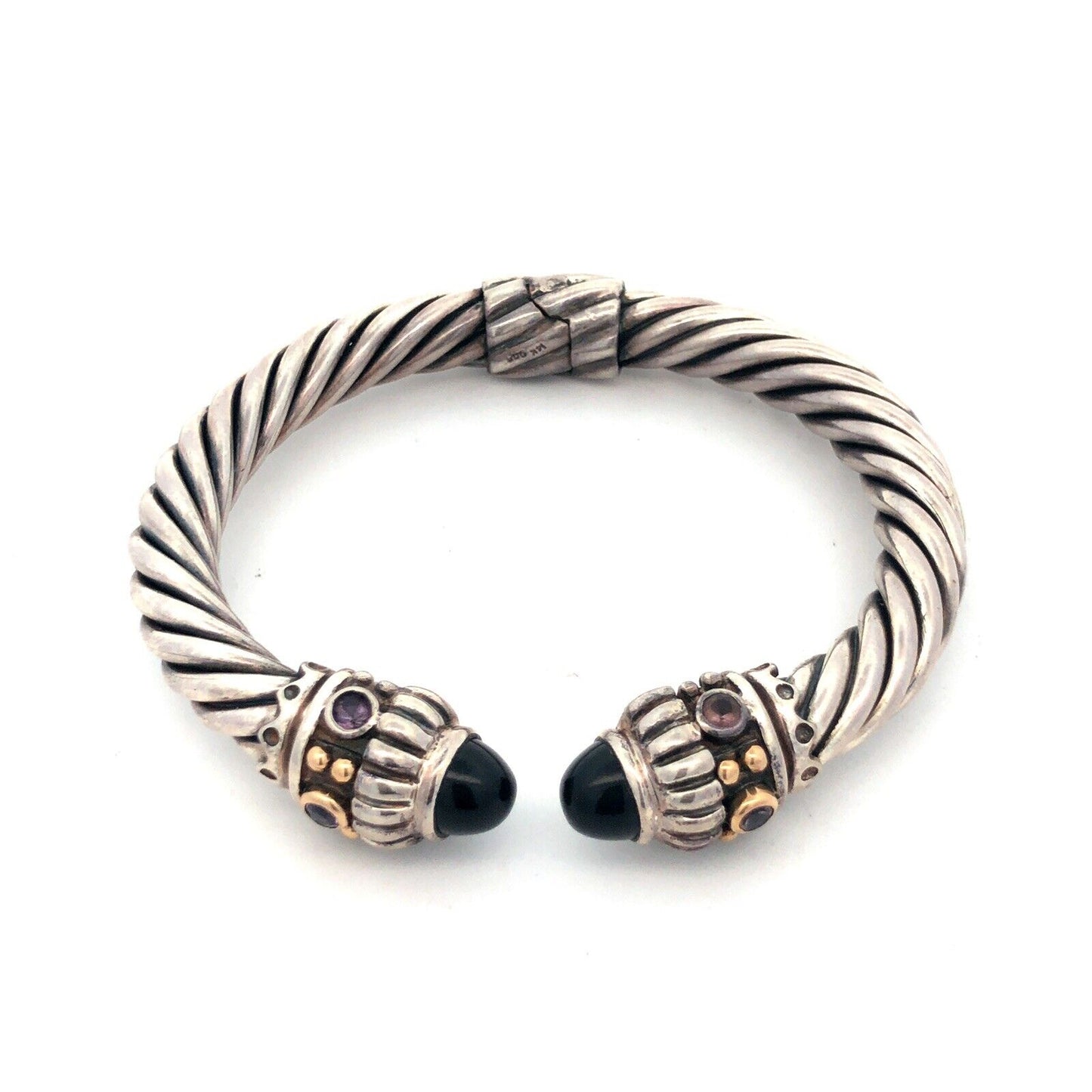 Designer 14K Gold 925 Sterling Silver Amethyst Black Onyx Cable Cuff Bracelet