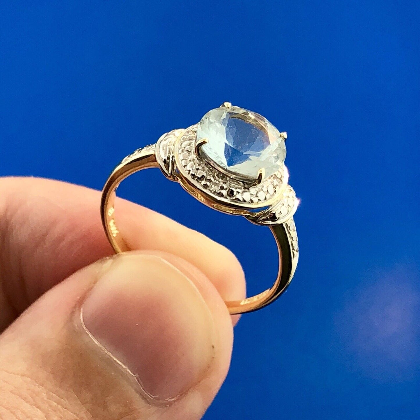 Designer 10K Yellow White Gold Aquamarine Diamond Accent March Anniversary Ring