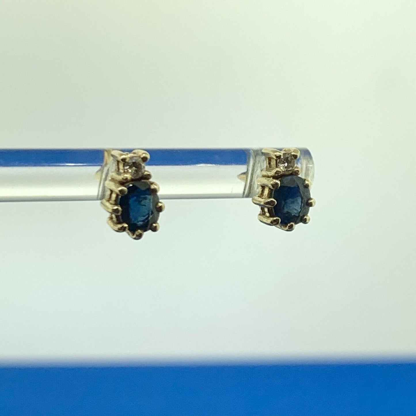 14K Yellow Gold Oval Blue Sapphire Diamond Accent Stud Earrings