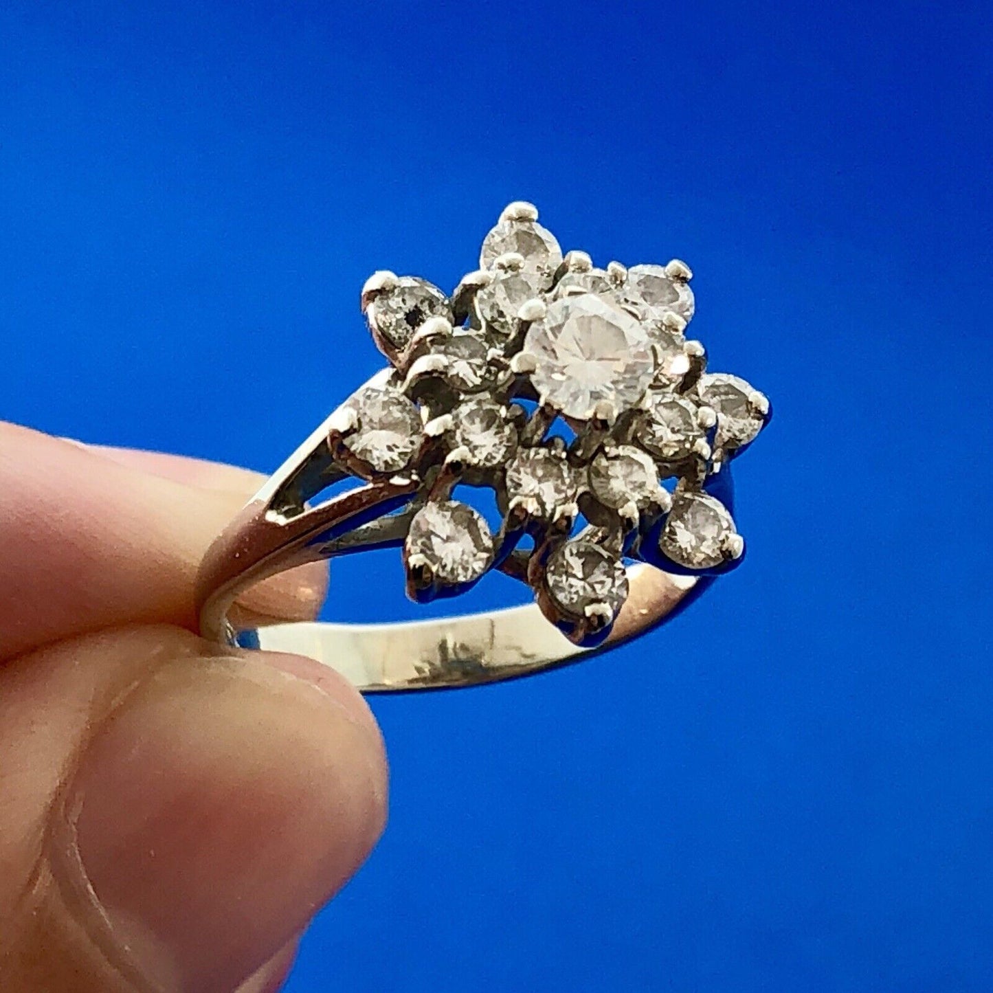 Art Deco 14K White Gold Diamond Starburst Floral Cluster Bridal Anniversary Ring