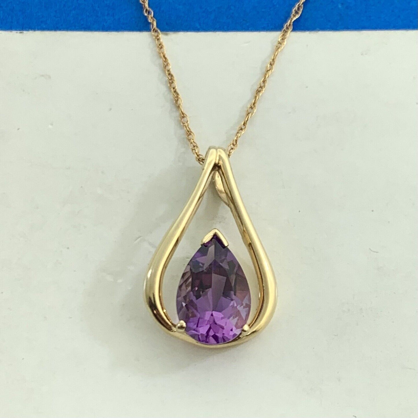 Designer RGE 10K Yellow Gold Pear Shaped Amethyst Drop Dangle Pendant Necklace