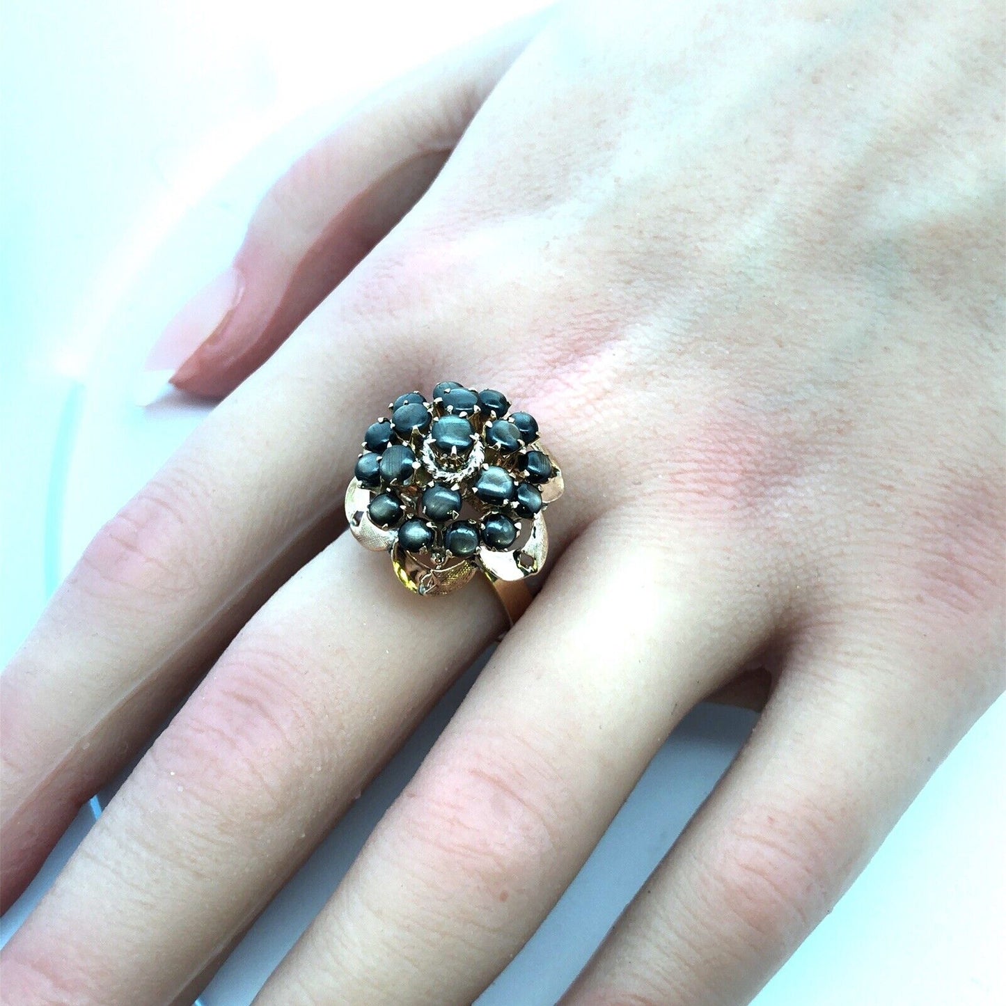 Designer 14K Yellow Gold Black Star Sapphire Princess Empire Style Cocktail Ring