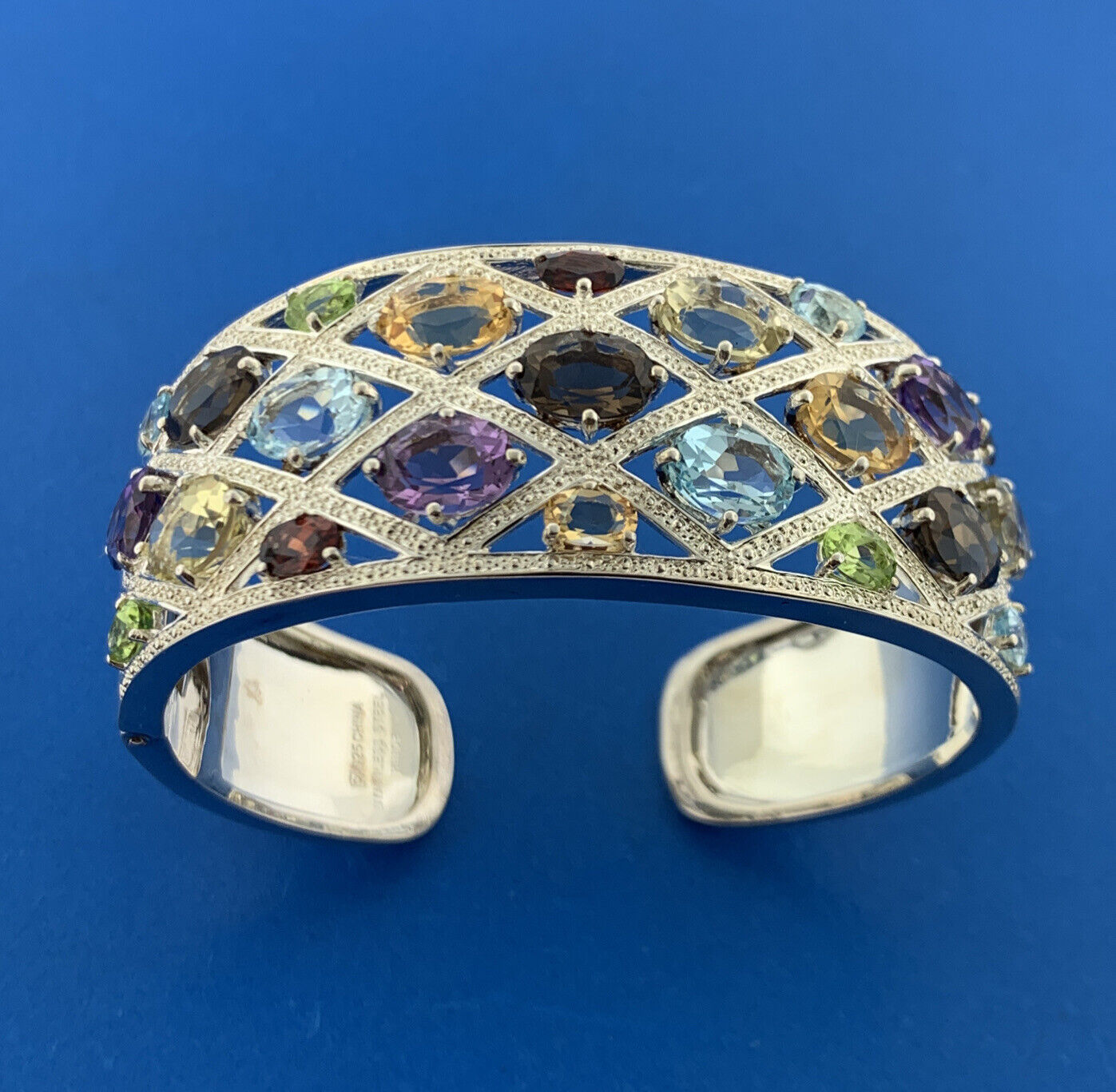 Designer Sterling Silver Multicolor Oval Quartz Statement Hinged Cuff Bracelet