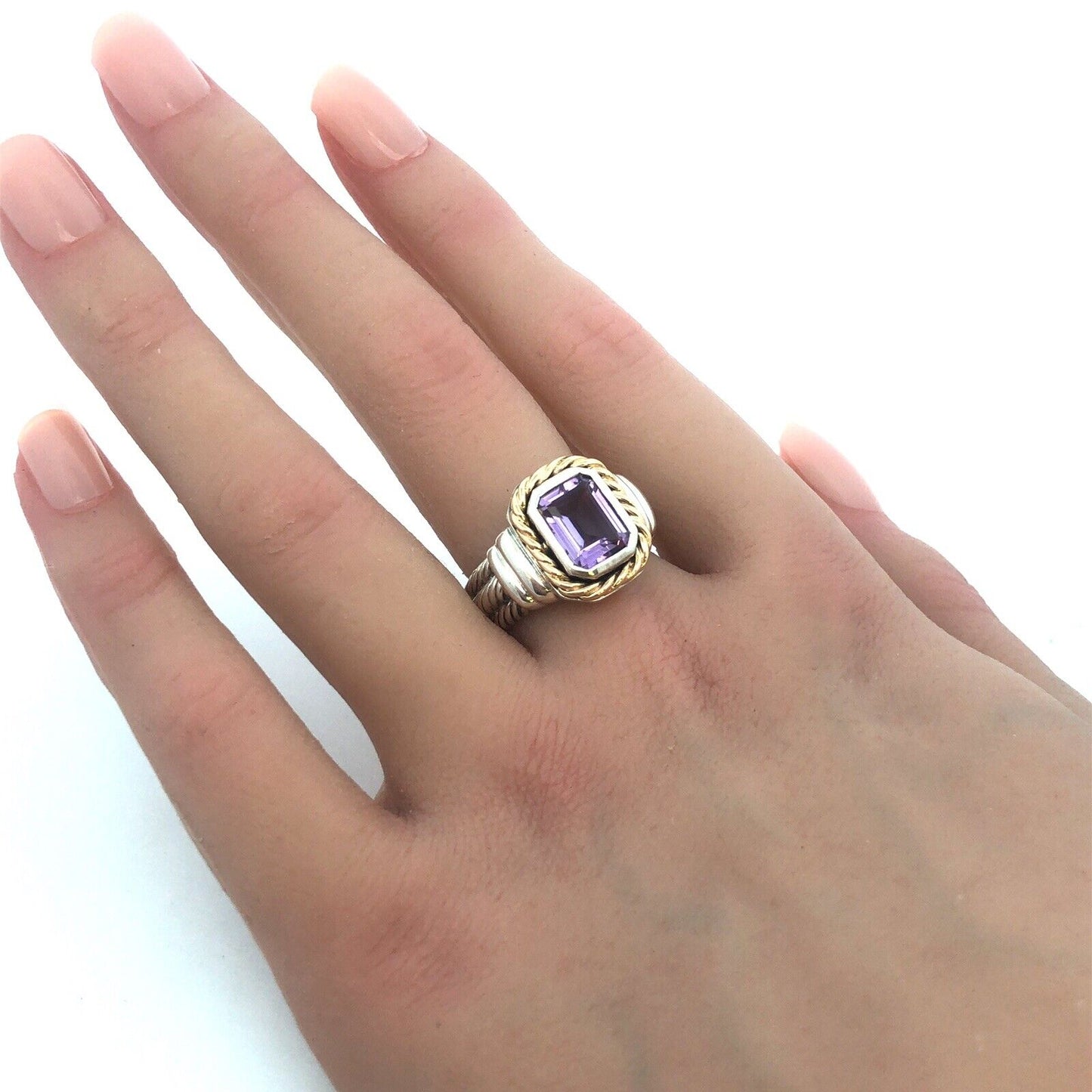 Designer CNA 925 Sterling Silver 14K Yellow Gold Emerald Cut Amethyst Sz 7 Ring