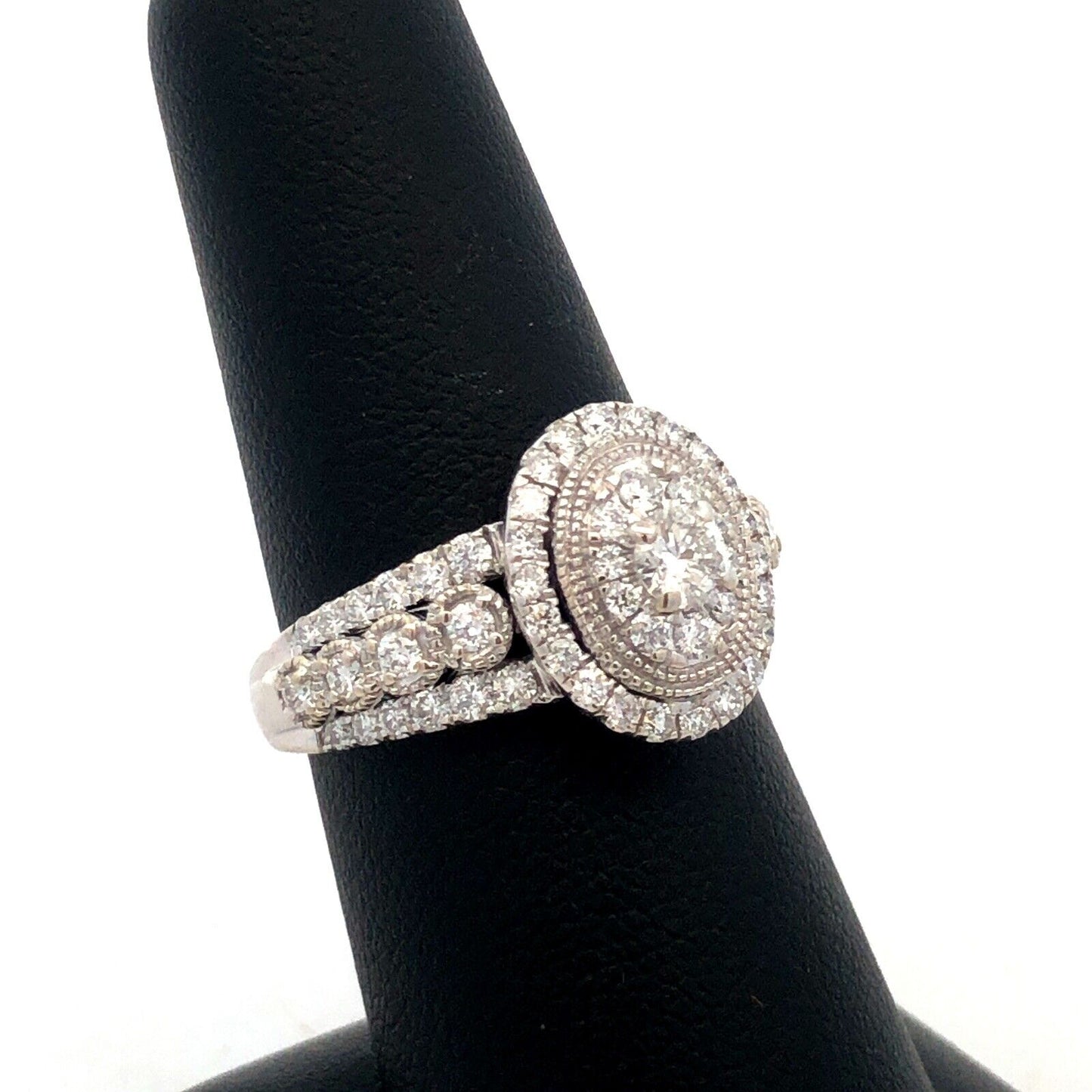 Designer GDM 14K White Gold Round Diamond Cluster Halo Oval Engagement Ring