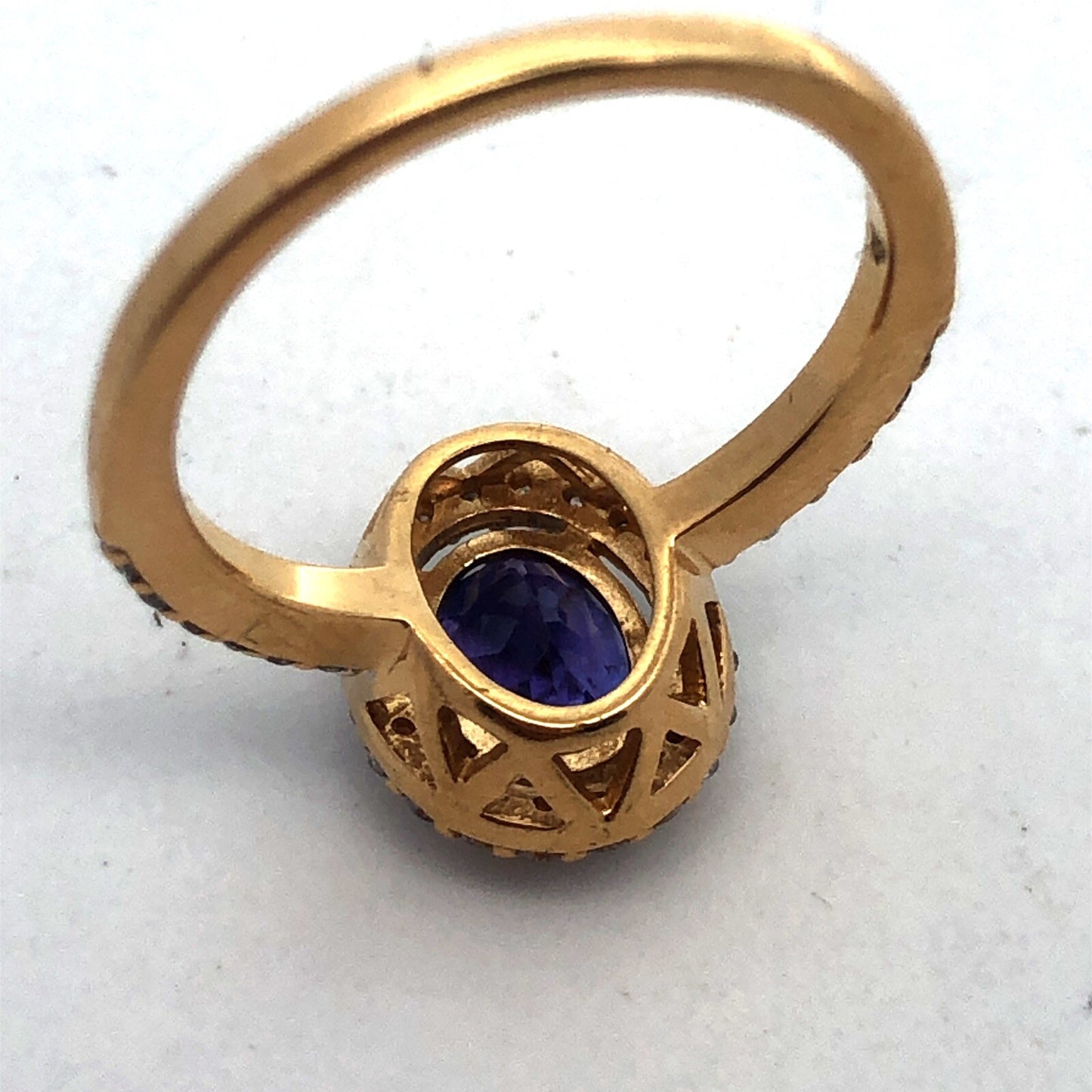 Designer 18K Yellow Gold Oval Tanzanite Diamond Halo Engagement Cocktail Ring