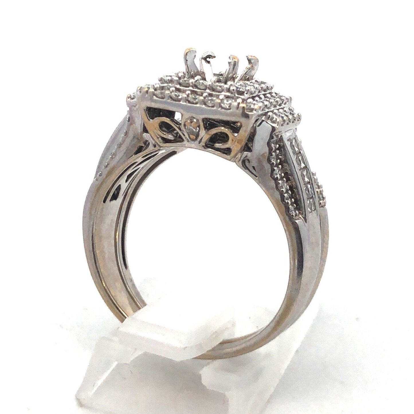 14K White Gold Diamond Triple Halo Mounting Diamond Wave Band 2 Pc Bridal Set