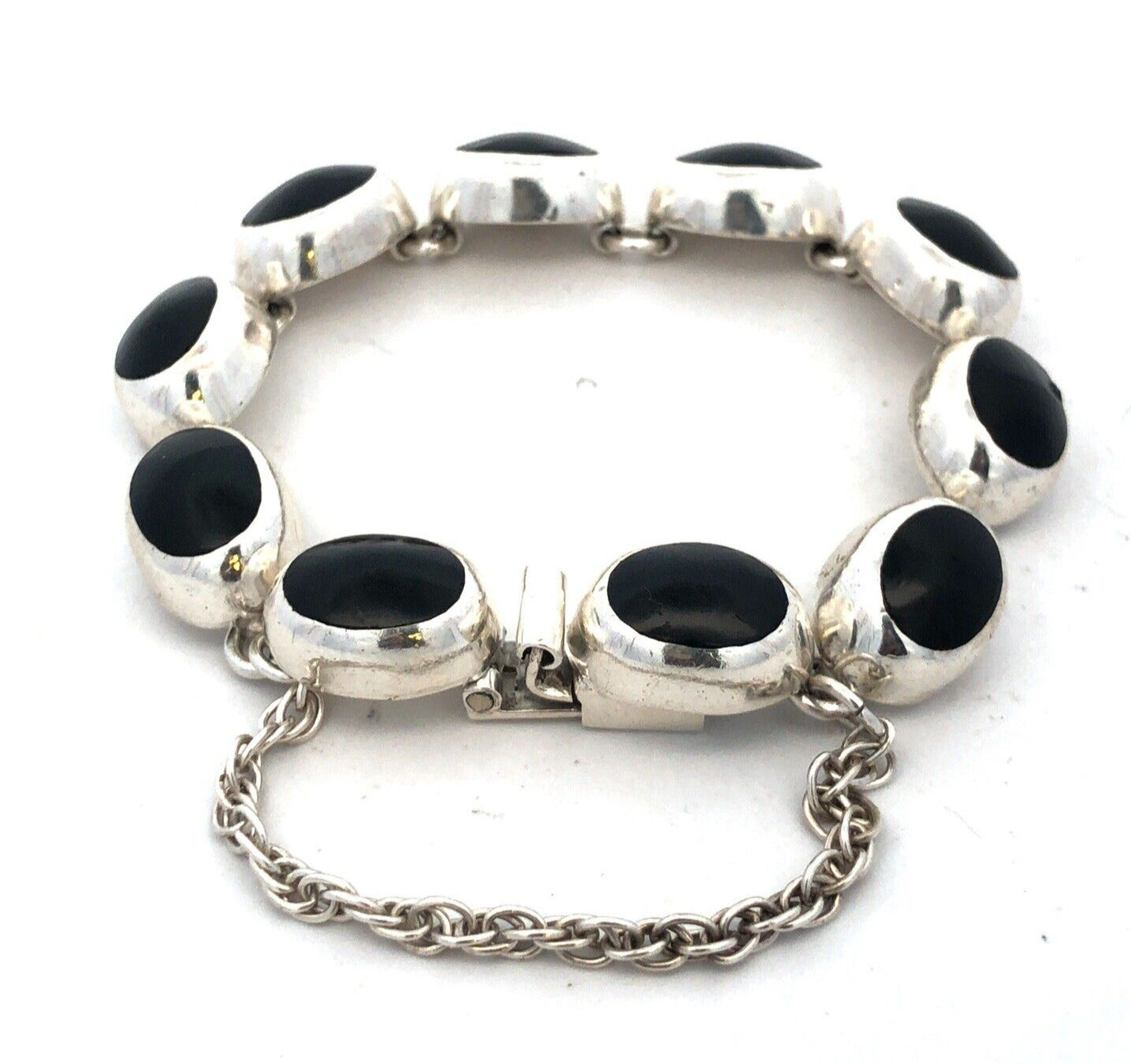 Vintage Taxco Mexico 925 Sterling Silver Oval Black Onyx Tennis Bracelet