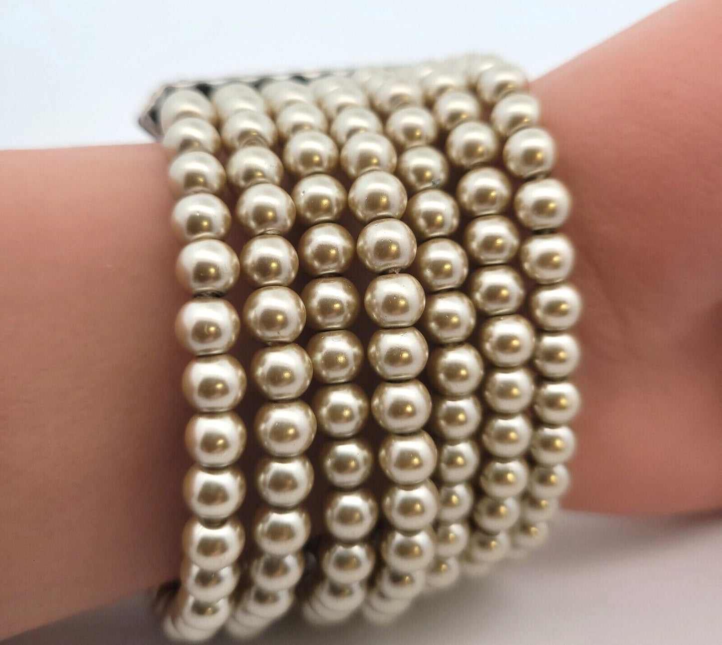 Vintage Runway Couture Silver Tone Faux Pearl Rhinestone Statement Cuff Bracelet