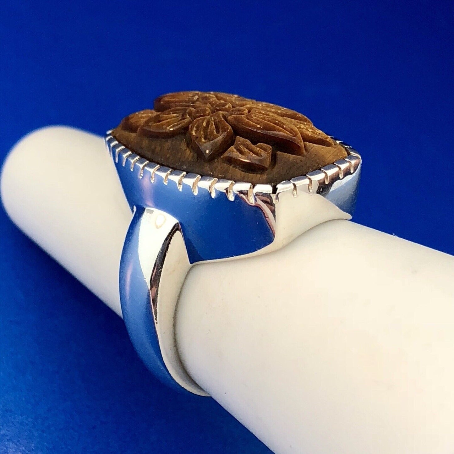Whitney Kelly WK 925 Sterling Silver Floral Carved Tiger Eye Statement Ring
