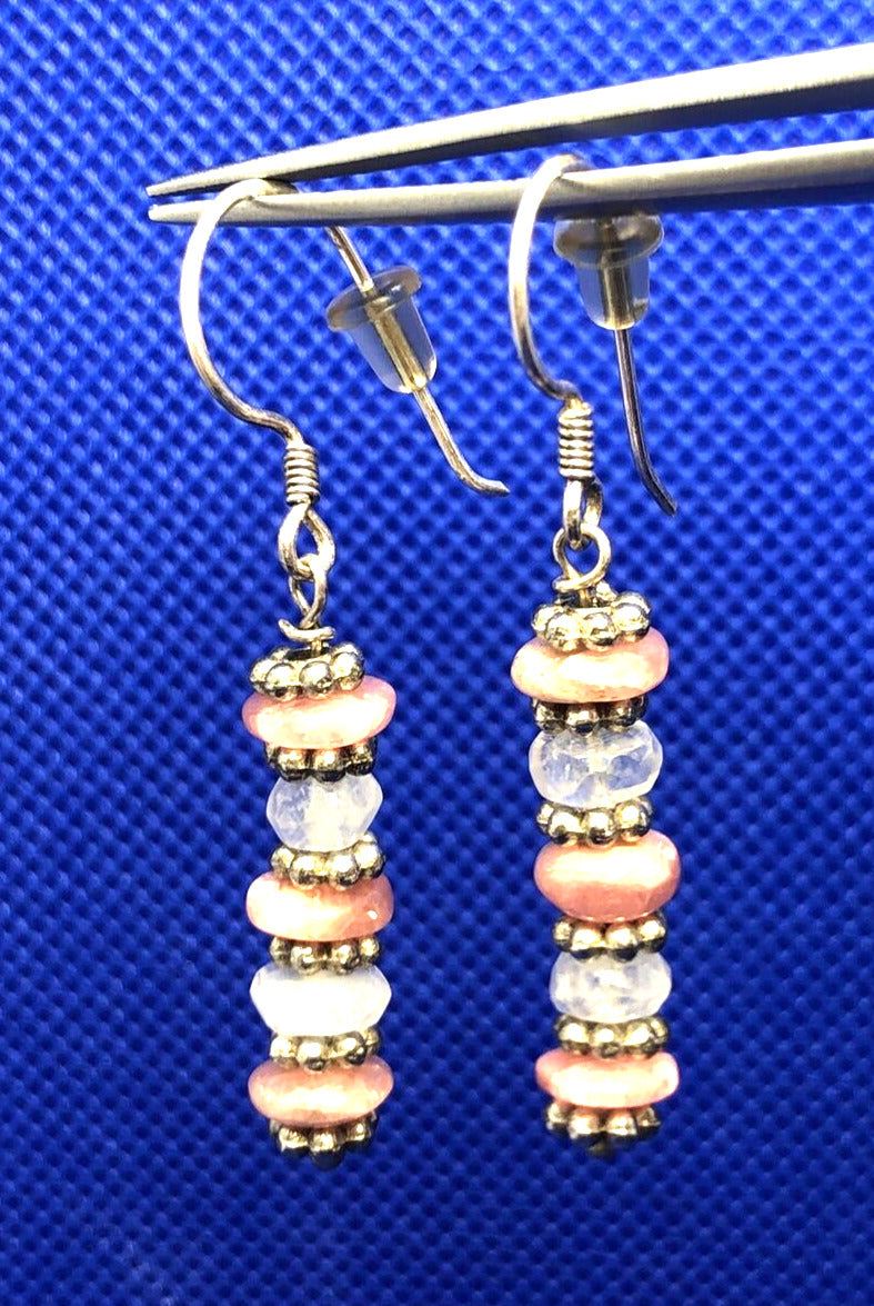 Sterling Silver 925 Pink Rhodochrosite and Moonstone Beaded Hook Dangle Earrings