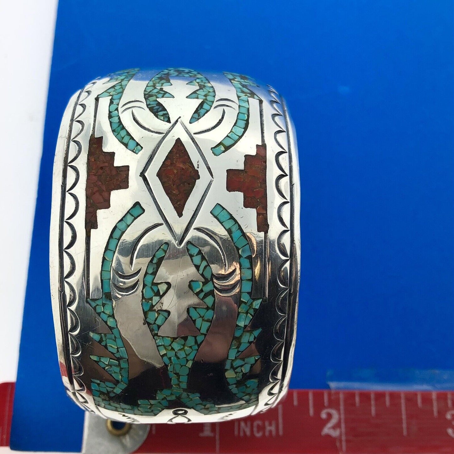 Native American Sterling Silver Turquoise Coral Inlay Storyteller Cuff Bracelet